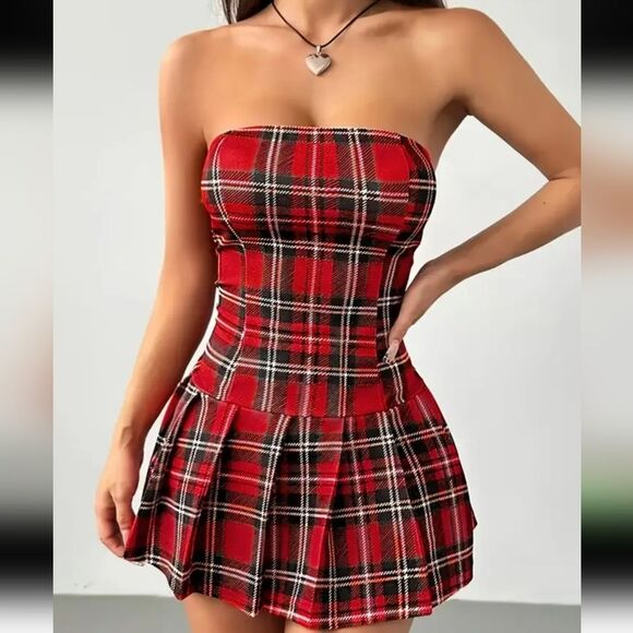 Cute Little Red Plaid Pleat Dress Cosplay Dress-Up Sexy Bamdeau Mini - Picture 1 of 8